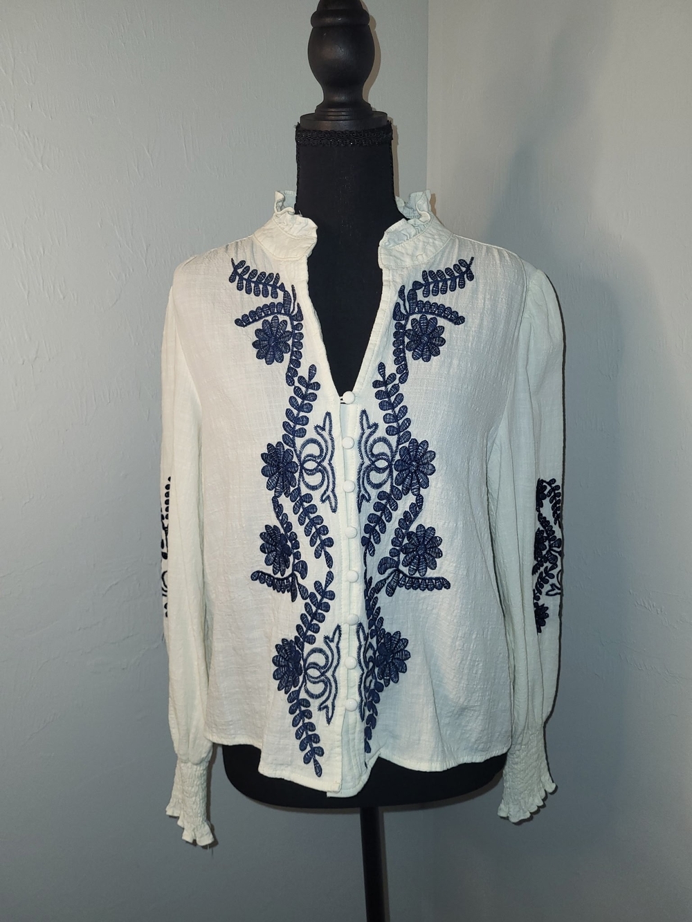 White Button-Down Blouse with Navy Floral Embroidery